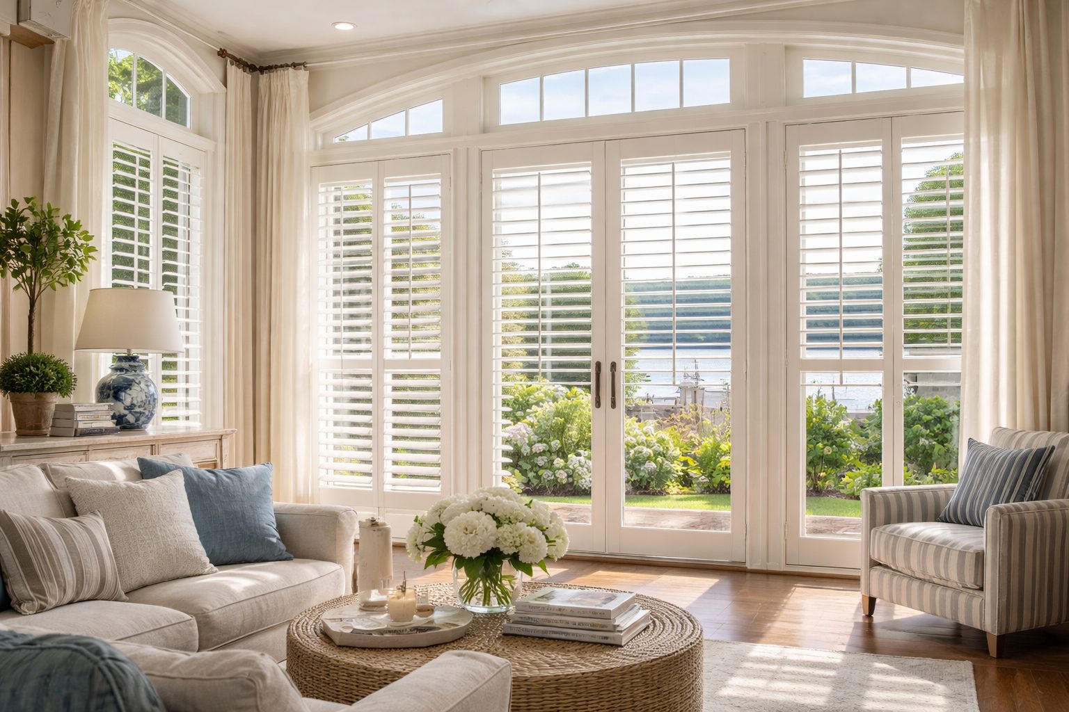 Custom plantation shutters enhancing natural light in an elegant Long Island living room