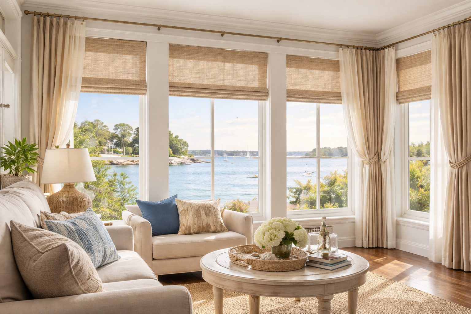 Coastal Long Island living room with custom window treatments offering light control, privacy, and waterfront views