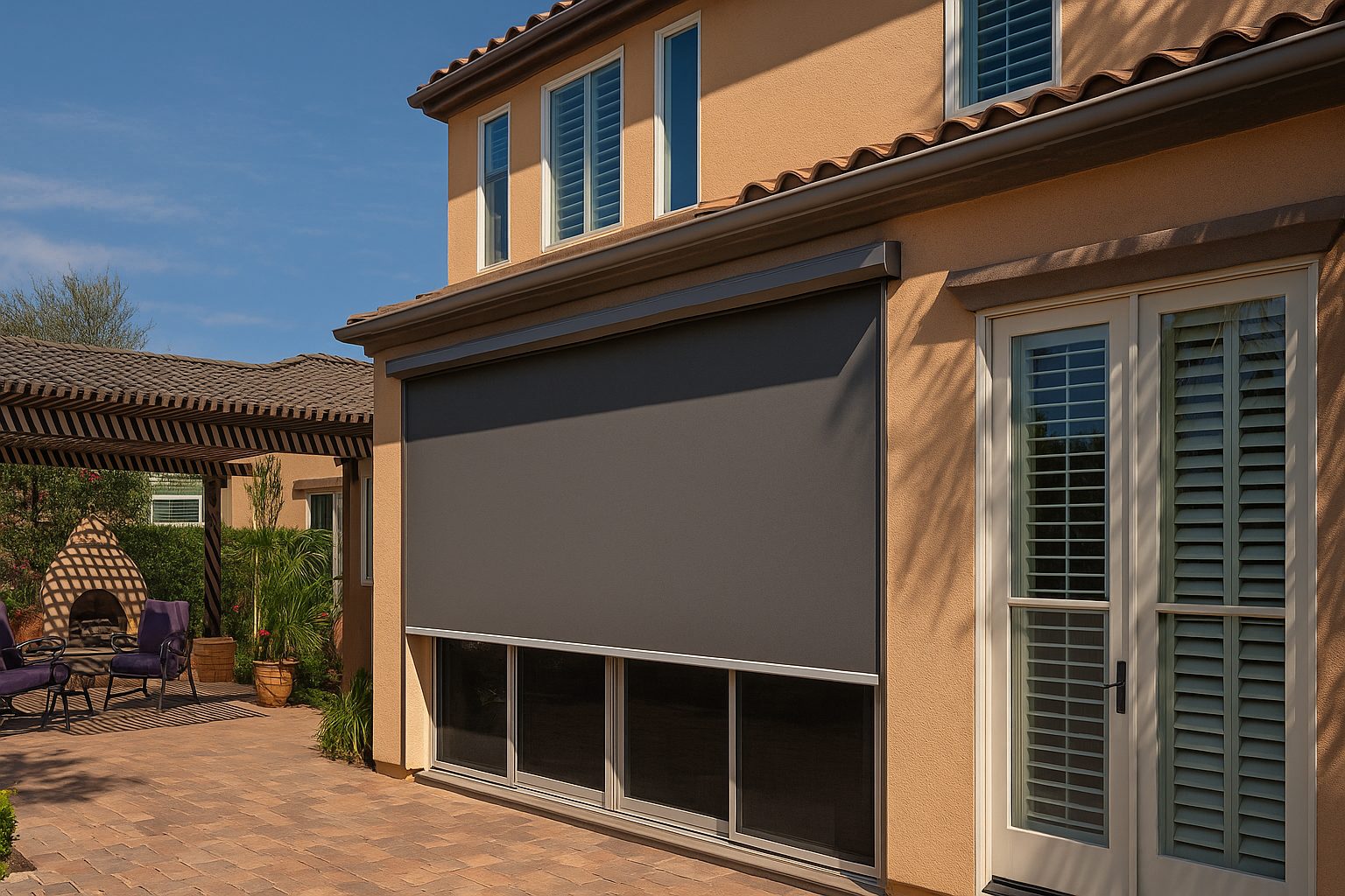 Modern Long Island home with exterior roller shades on patio windows.
