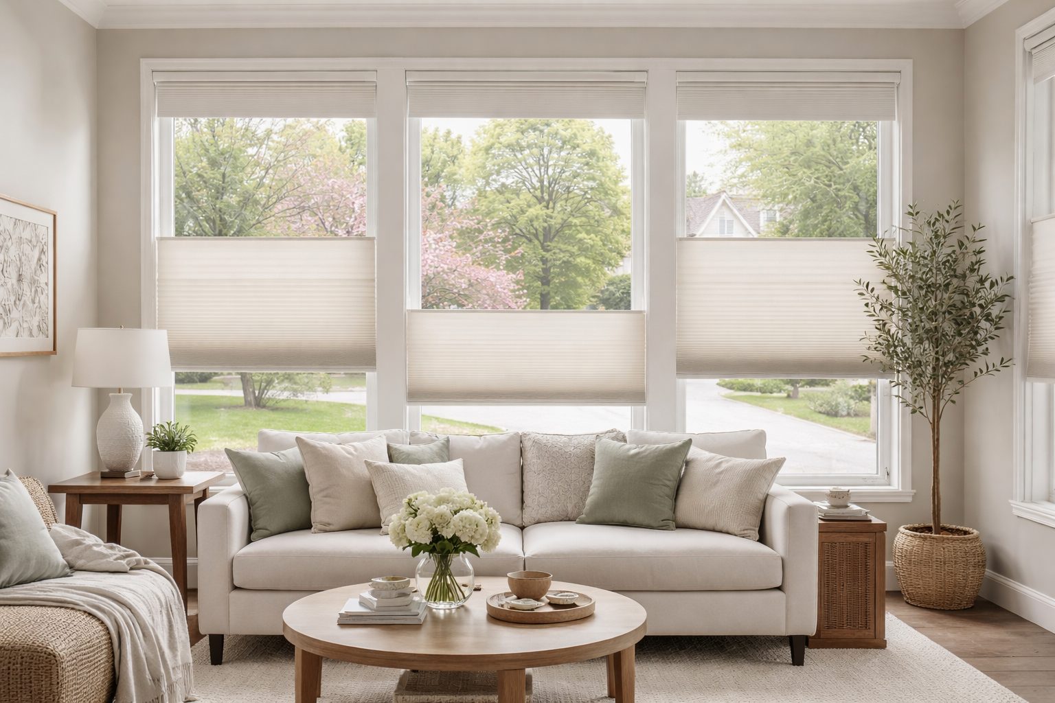 Top-down bottom-up cellular shades providing privacy and natural light in a street-facing Long Island living room