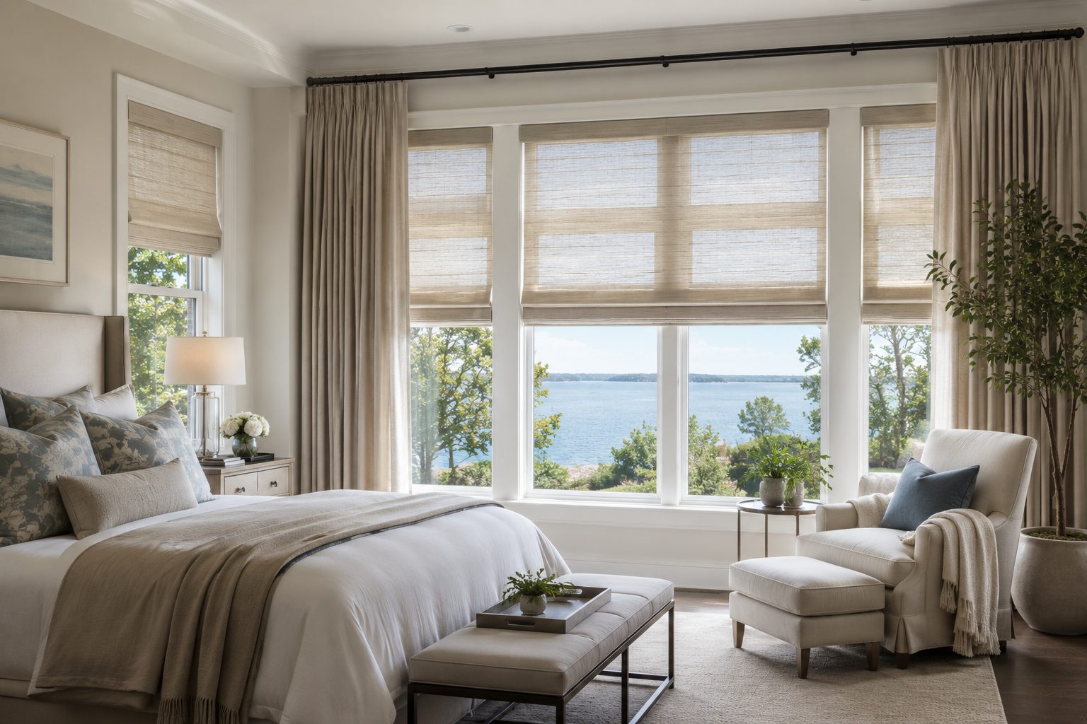 Luxury Glen Cove bedroom featuring custom Roman shades and layered drapery with large waterfront windows and elegant neutral interior design.