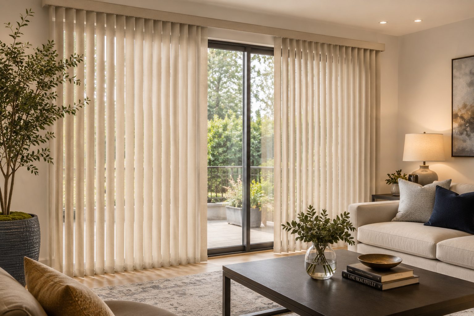 Elegant fabric vertical blinds on large sliding glass doors in a modern North Hempstead living room with neutral interiors and natural light.
