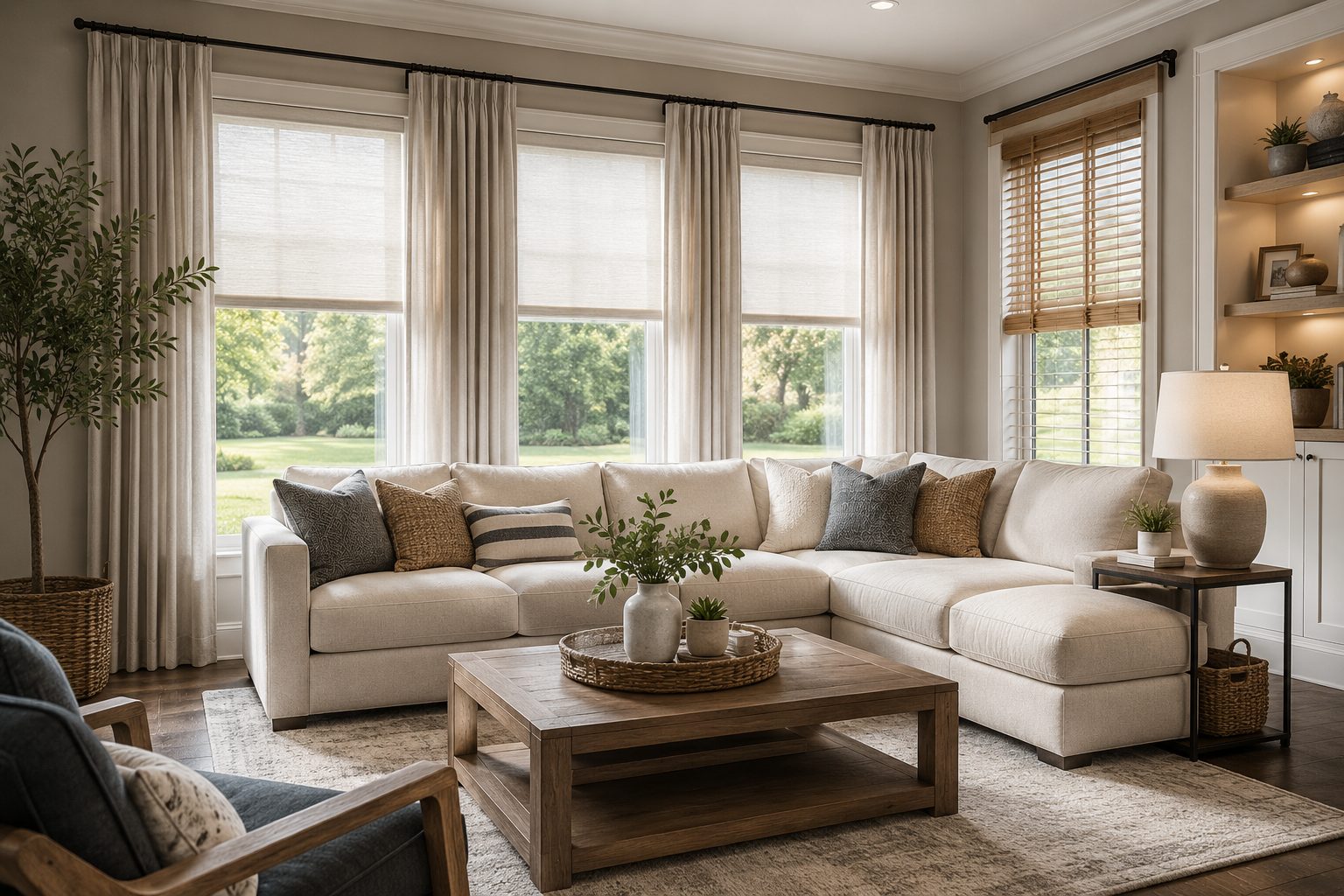 Modern living room featuring custom window treatments including layered drapery, solar shades, and wood blinds in an East Northport, NY home.