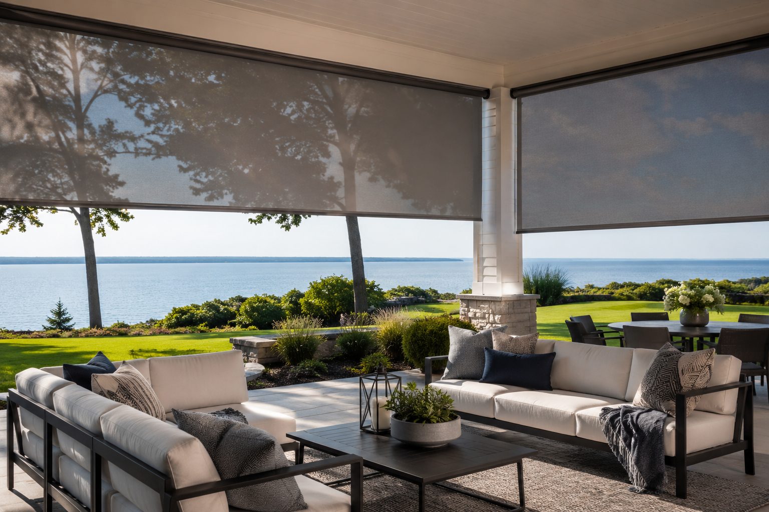 Modern Long Island backyard patio featuring premium outdoor roller shades that provide shade, heat reduction, and comfortable outdoor living during summer.