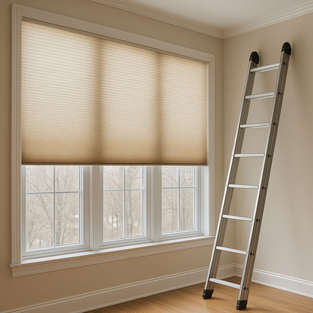 Professional window installation setup with ladder beside newly mounted cellular shades