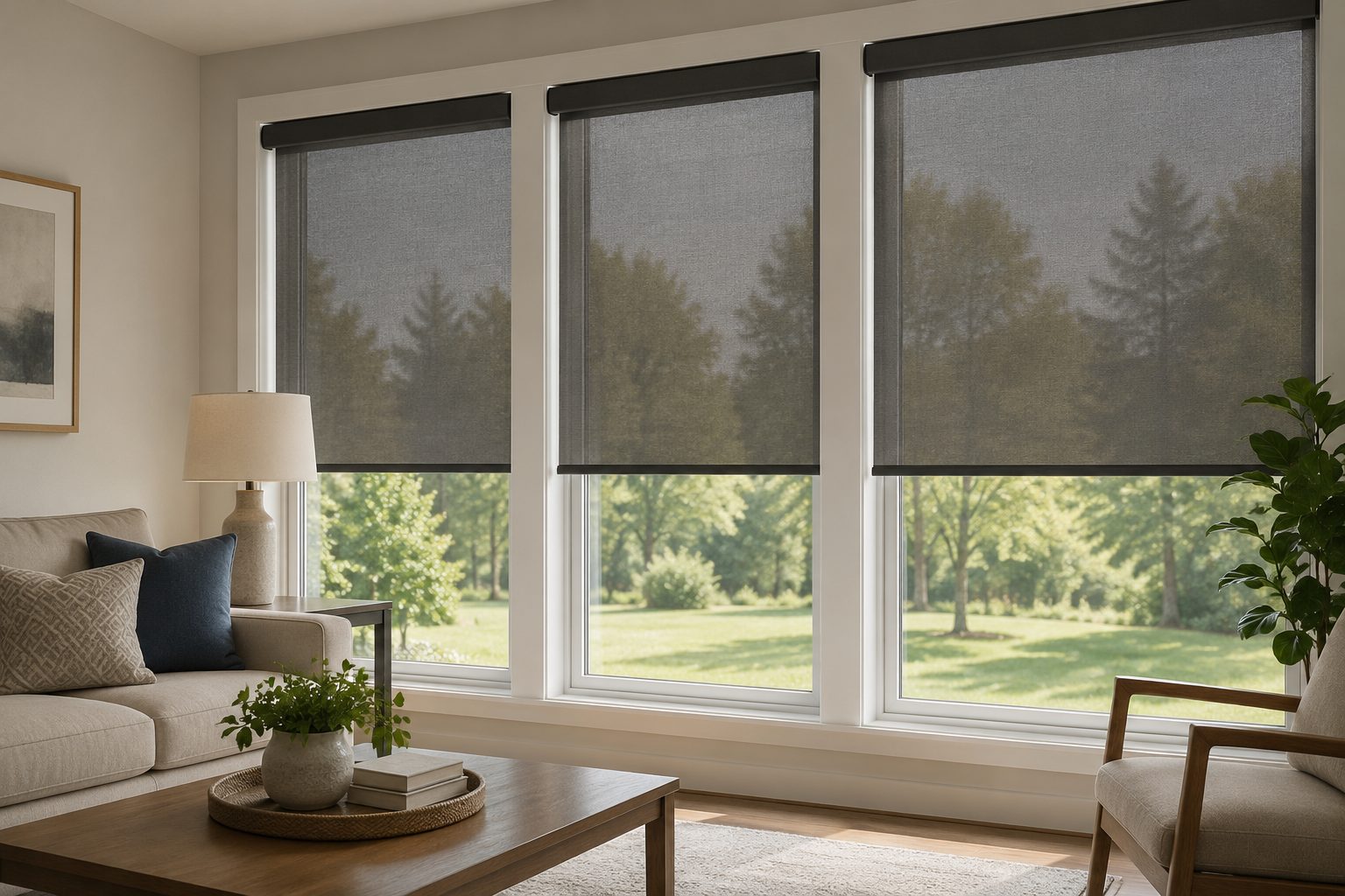 Custom solar shades in a bright Huntington Station, NY living room reducing heat, glare, and UV rays while preserving natural light and outdoor views.